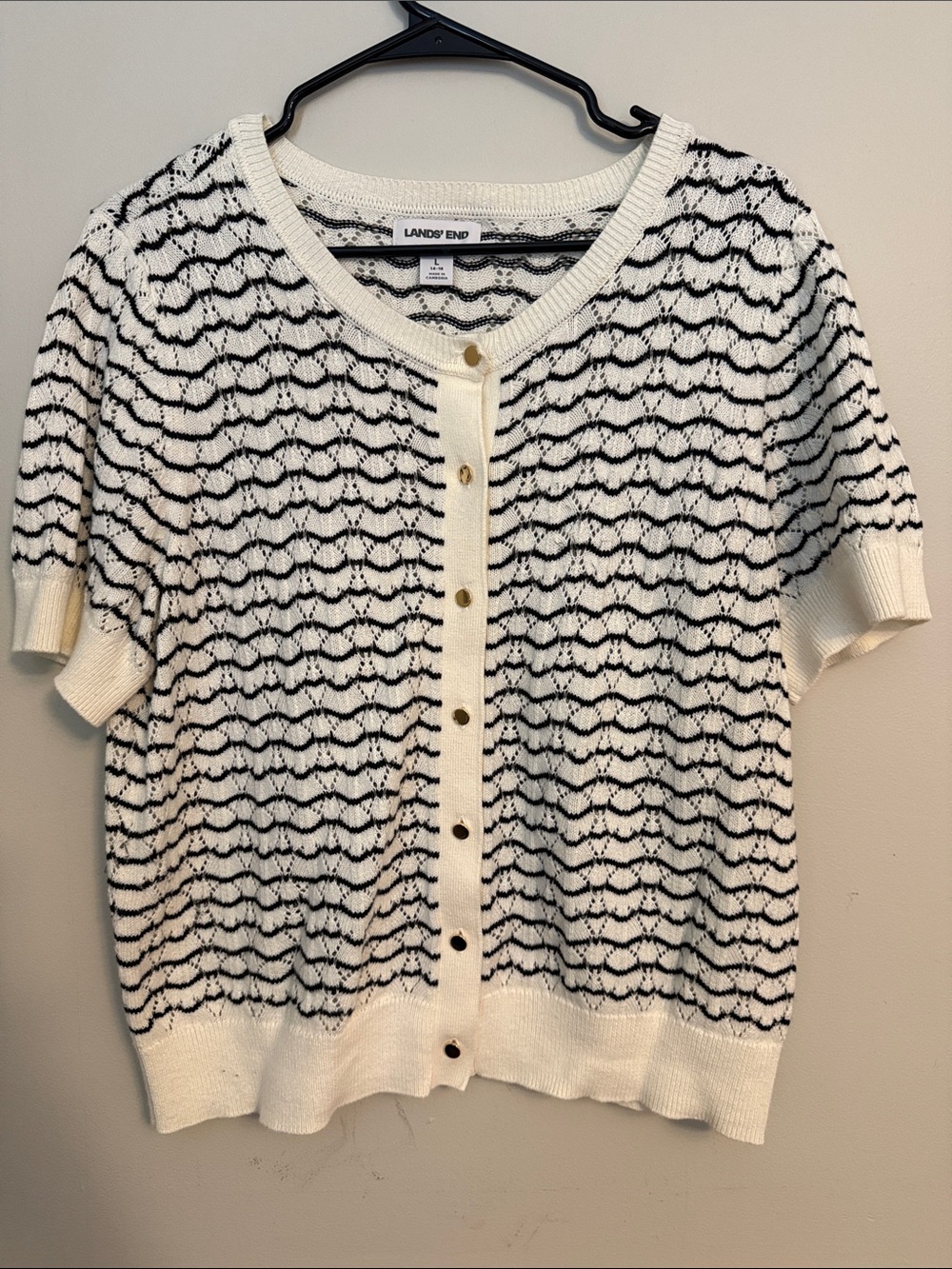 Lands' End White Short-Sleeve Button Cardigan with Black Wave Pattern